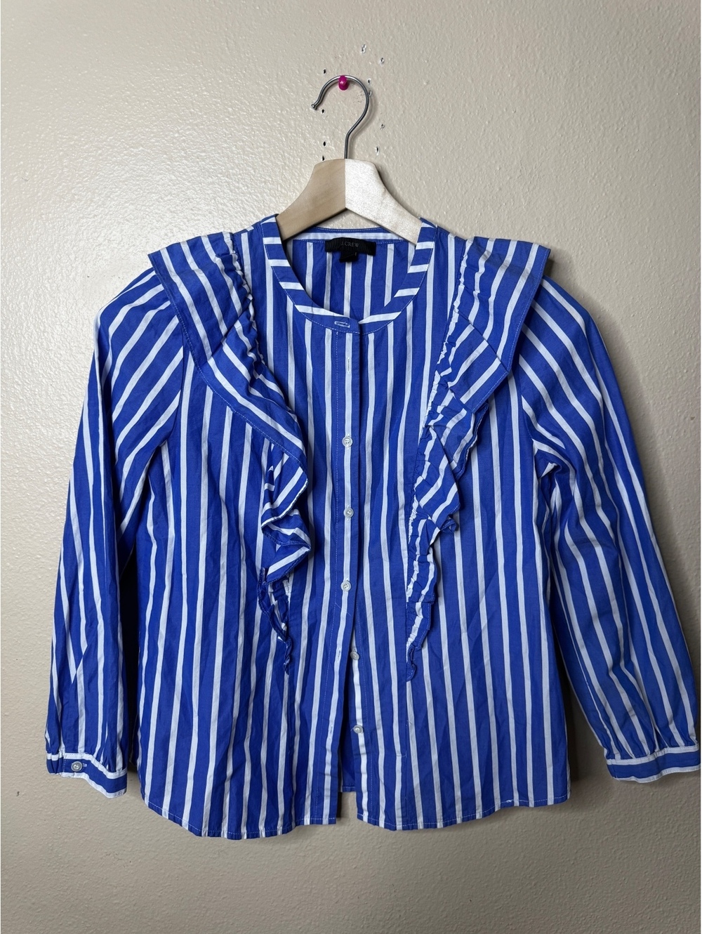 J.Crew Womens Size 2 Blouse Blue White Striped Cotton Ruffle Button Front